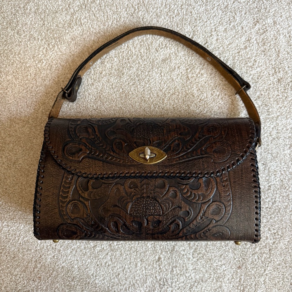 Vintage Hand Tooled Leather Handbag with Brass Hardware